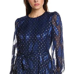 Anne Klein Women's Smocked Midi Dress Long Puff Sleeve Tie Waist Navy Foil Dress